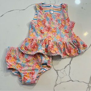 Mud Pie Floral And Stripe Girl's Swimsuit Set kids size 4T reversible swim
